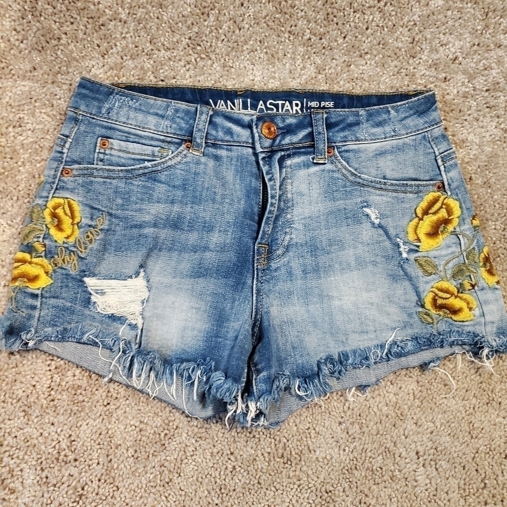Vanilla Star Yellow Floral Embroidered Mid Rise ShortsVanilla Star Yellow Floral